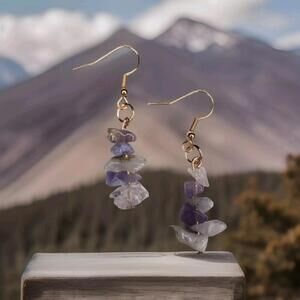 Handmade Purple Jade Stone Drop Gold Dangle Earrings Purple, Clear White Earring
